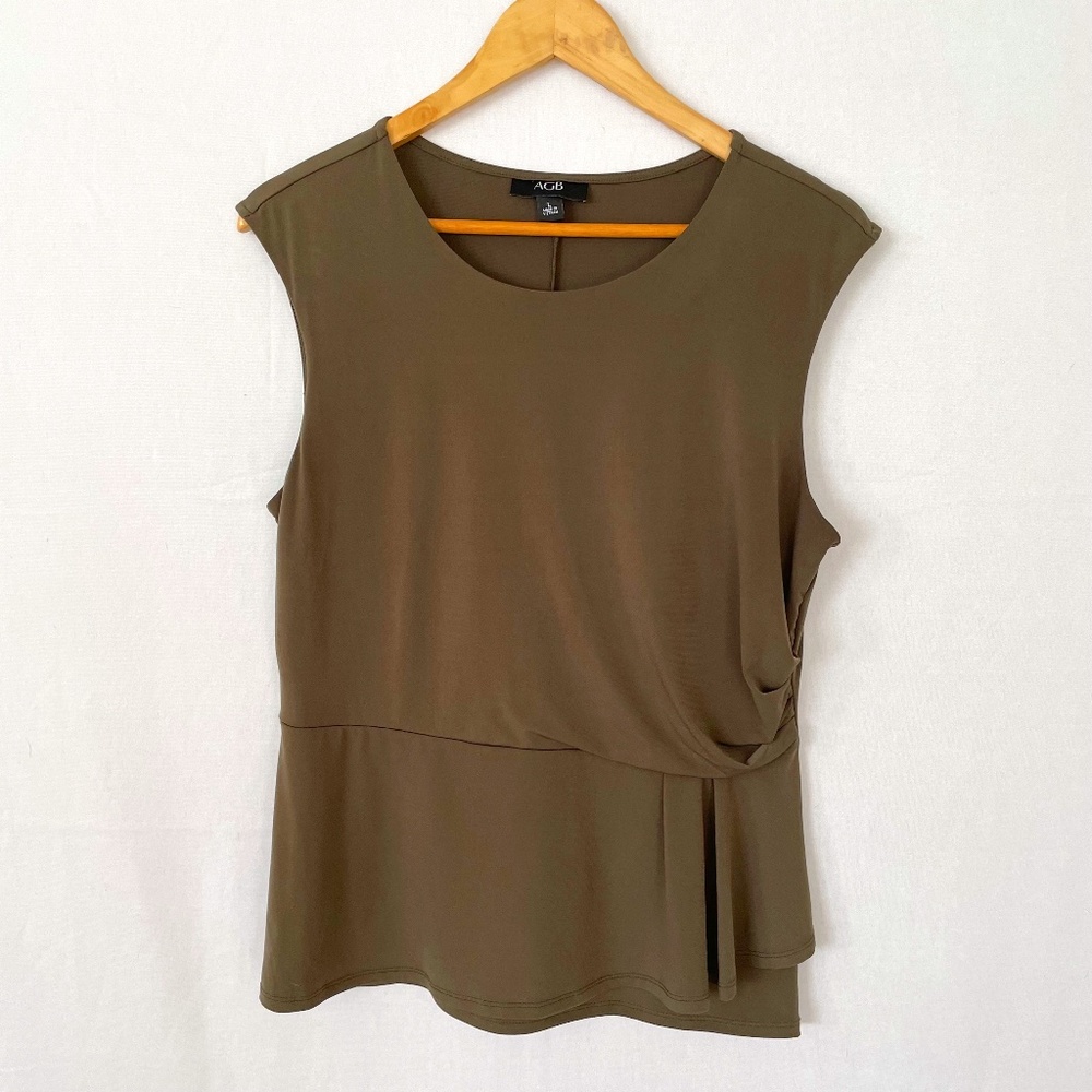 AGB Women's Large Peplum Side Gather Cap Sleeve Round Neck Olive Top